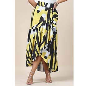 Abstract print long skirt featuring open belt 