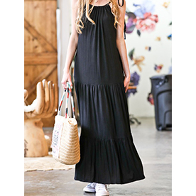 Pleated splice loose fit maxi dress, featuring self tie closure at shoulder. 