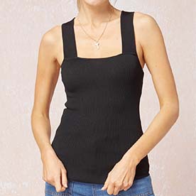 Ribbed square neck sleeveless top featuring V strap detail at back. Knit. Non-sheer. 