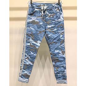 Sky blue camouflage crinkle jogger pants featuring studs stripes on both sides.  