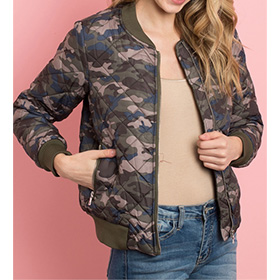 This camo padding bomber jacket is very youthful and looks great with jeans.