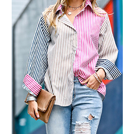 Turn down collar button down multi color stripe shirt with loose fit.