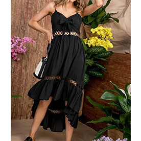 High low dress with front tie solid round lace detail cami with aadjustable straps.