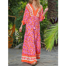 Dolman sleeve tie front waist border print tiered maxi dress.