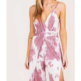 Dusty rose Tie-Dye Jumpsuit with front open slit, featuring waist belt, adjustable straps and wide leg palazzo.