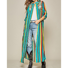 Button down maxi shirt dress with long sleeves, featuring colorful stripes and stunningly embroidered on front and back. 