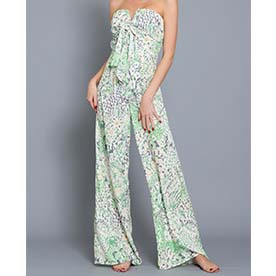 Tube tie front chest jumpsuit with lovely floral print with a mix of ivory and green colors.