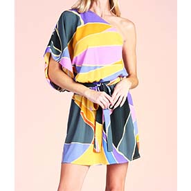 This mini dress will stun the crowd upon your arrival. The one shlouder gives it a sexy look and the bright colors will make you shine. The waist is lined with elastic and adorned with a removable belt.