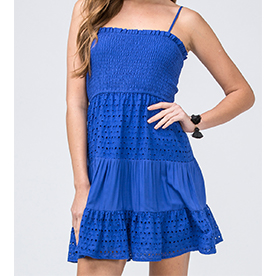 You will love this royal blue eyelet mini dress with ribbed elaltic detail on the top.