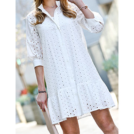 Super classic and always in style white eyelet mid sleeve dress. Hollow out lace fabric, ruffle flare hemming. button dow and lining inside.