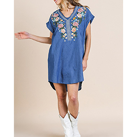 Floral embroidered v-neck short rolled sleeve dress with high low scoop hem.