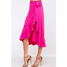 Hot pink wrap style high low skirt.