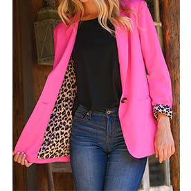 This leopard lined blazer featurig a trendy and daring hot pink color, will make you stand out anywhere you go. Dress up or down with heels or sneakers, to work or play.