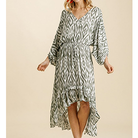 Ikat Print V-Neck Balloon Sleeve Elastic Waistband Dress with High Low Ruffle Hem