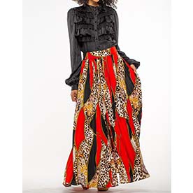 Animal printed pleated maxi skirt with a sexy open leg feature.