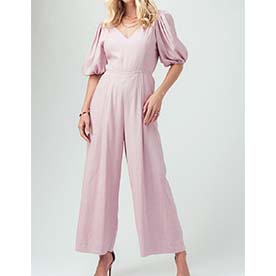 Linen type puff sleeve open back wide leg jumpsuit.