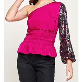 One shoulder sequins sleeve blouse in satin fabric. This style features smocking at the waist for a flattering silhouette, and long sleeve in sequins fabric with elasticated cuff.