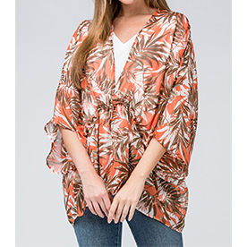 Tropical print kimono featuring drawstring detail at waist and 3/4 dolman sleeve. You can also use as a bathing suit cover up.