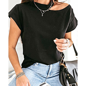 Tee featuring mock neck and off shoulder detail on right side of top.