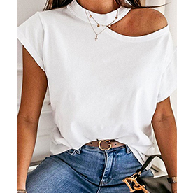 Tee featuring mock neck and off shoulder detail on right side of top.