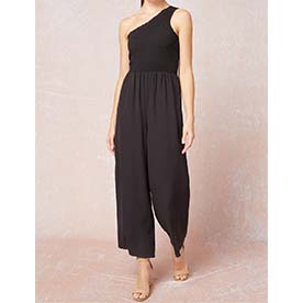 One shouler sleeveless jumpsuit featuring smocking at bust and pockets at sides. This is a basic piece you need in your closet.