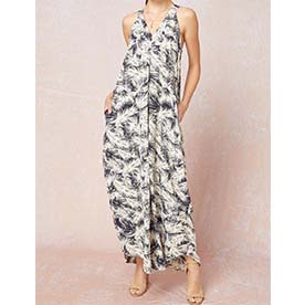 Tropical print vneck sleeveless maxi dress featuring pockets at sides.