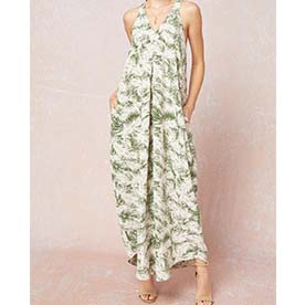 Tropical print vneck sleeveless maxi dress featuring pockets at sides.