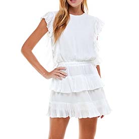 Dress up or down this pleated mini white dress with ruffle detail and elasticized waist.