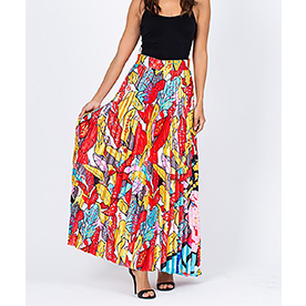 Vintage inspired colorful floral printed pleated maxi skirt.