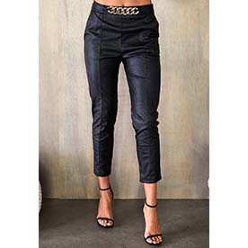 Polyurethane leather black pants with attached chain detail in front waist level.