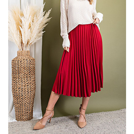red pleated midi skirt