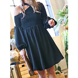 Stunning one shoulder cutout halter neck smocking detail puff sleeve midi dress.