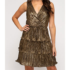 This sleeveless pleated lurex woven dress is the perfect holiday dress to party!