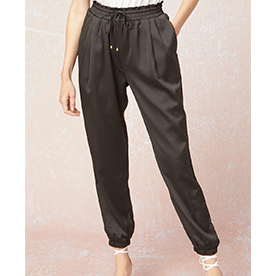 Solid satin joggers featuring selftie detail at elasticized waist. Pockets at side and back.