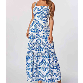 Maxi dress with spaghetti straps, fitted waist with a mixi trim. Open back zipper closure in the back.