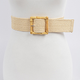 Straw belt with bamboo buckle. Width: 2 Inches. Length: 37 Inches. 