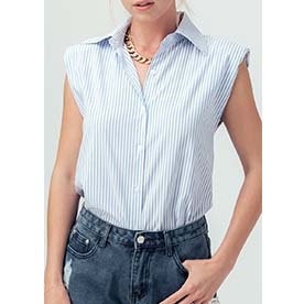 Striped Padded Shoulder Sleeveless Button Up Top.