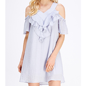 Textured striped cold-shoulder dress featuring ruffle detail at bust. Lined and Non-sheer. 