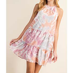 Tie Dye printed halter neck dress with ruffle details and side pockets.