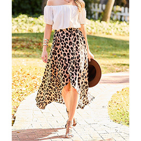 Contrast off shoulder bubble sleeve back waist elastic wrap leopard print high low dress.