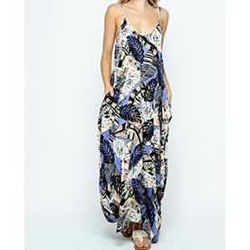 Full-Length harem maxi dress with adjustable spaghetti shoulder straps, in-seam side pockets and v-neckline with binding Harem side drape detail and tropical print add the twist to this fabulous and casual dress.