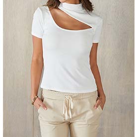 Turtle neck asymmetrical chest cut ou short sleeve ribbed stretchy top.