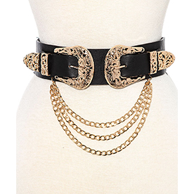 Western style elastic waist beltl featuring gold chains on front. Width: 2.1/4