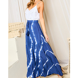 White top with adjustable straps and blue skirt maxi dress.