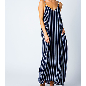 Striped full length harem maxi dress with spaghetti shoulder straps, in seam side pockets and v neckline.