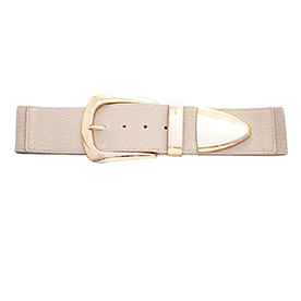 Beige Elastic Belt with big Gold Buckle. Width: 2.5 Inches.